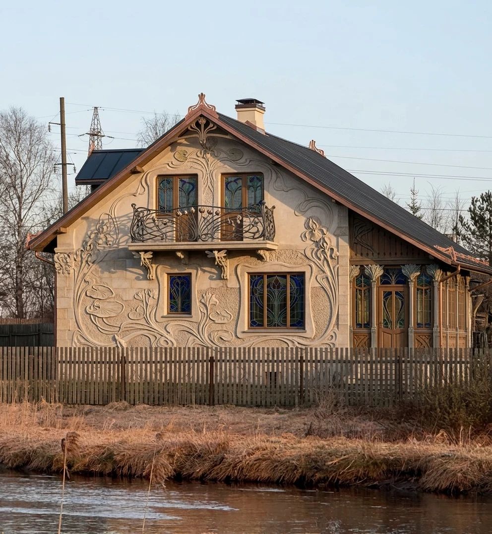 Дизайн фасада в стиле Модерн (ар-нуво) — фото от нейросети AI Facade