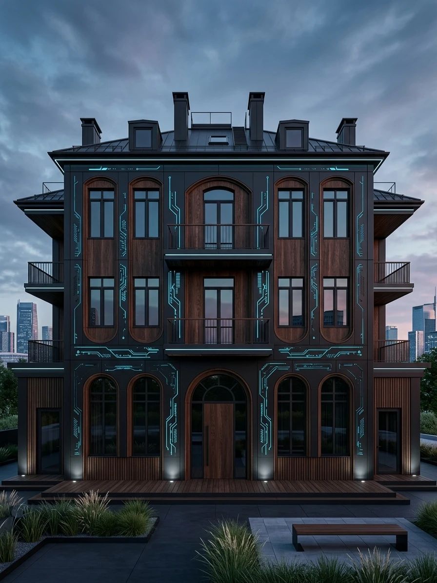 Дизайн фасада в стиле Блэктек — фото от нейросети AI Facade