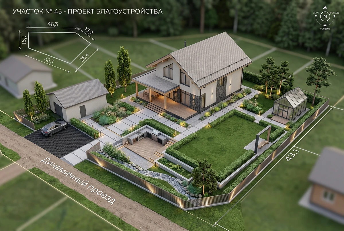 Ландшафтный дизайн в стиле Современный — Участок от нейросети AI Facade