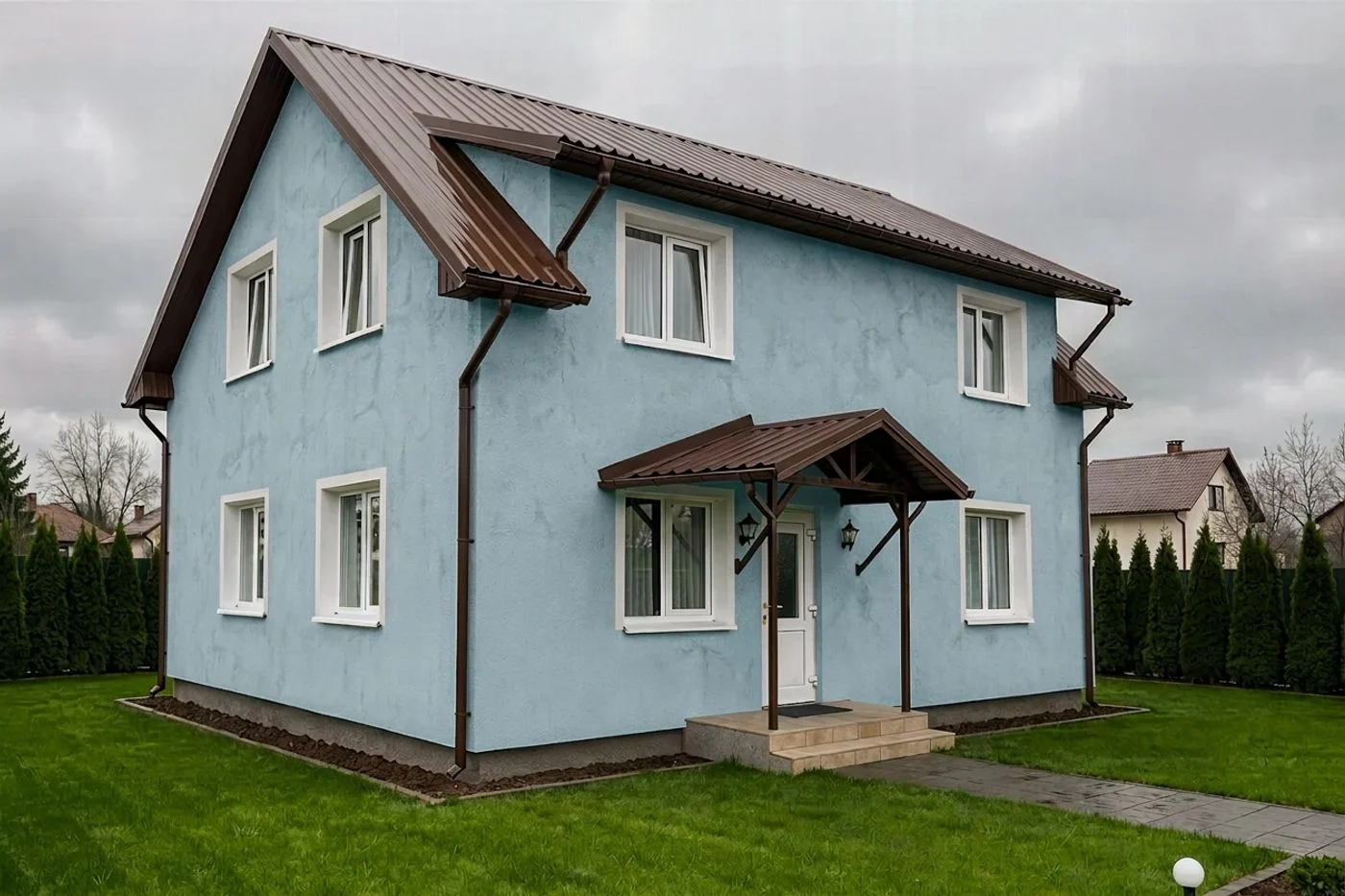 Фасад дома в цвете RAL 5024 — пастельно-синий, светлый приглушённый голубой
