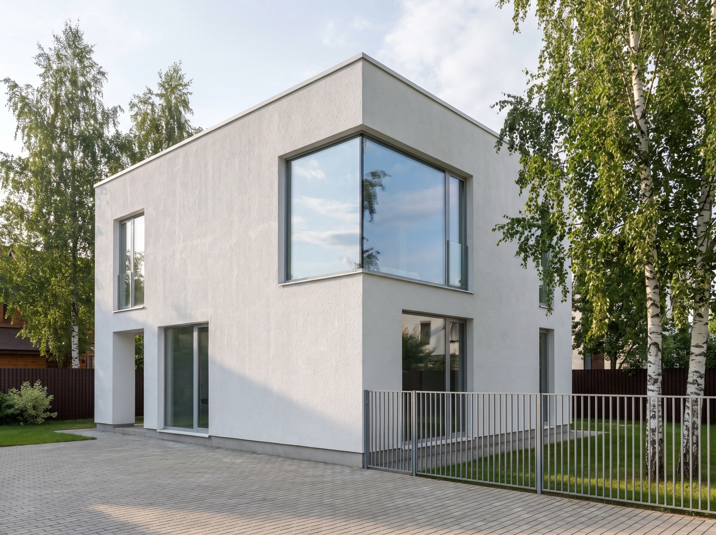 белый мелкозернистый фасад «шуба» в стиле минимализм — AI-визуализация