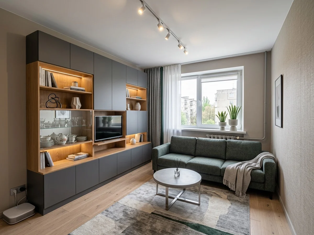 Комната 15 м² в панельной квартире, стиль контемпорари Комната 15 м² в панельной квартире после AI-дизайна в стиле контемпорари — окно, батарея под подоконником и встроенная стенка с подсветкой