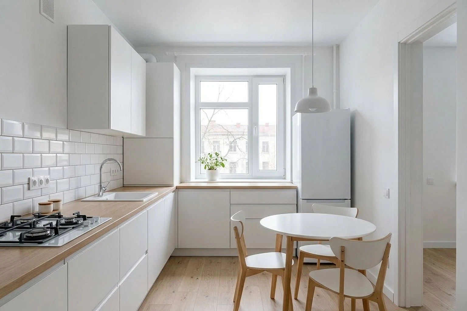 Та же кухня после AI-перерисовки в скандинавском стиле: белый гарнитур в один ряд, деревянная столешница, фартук плиткой-кабанчиком, окно с тем же видом во двор, холодильник справа от него и круглый стол под подвесным светильником