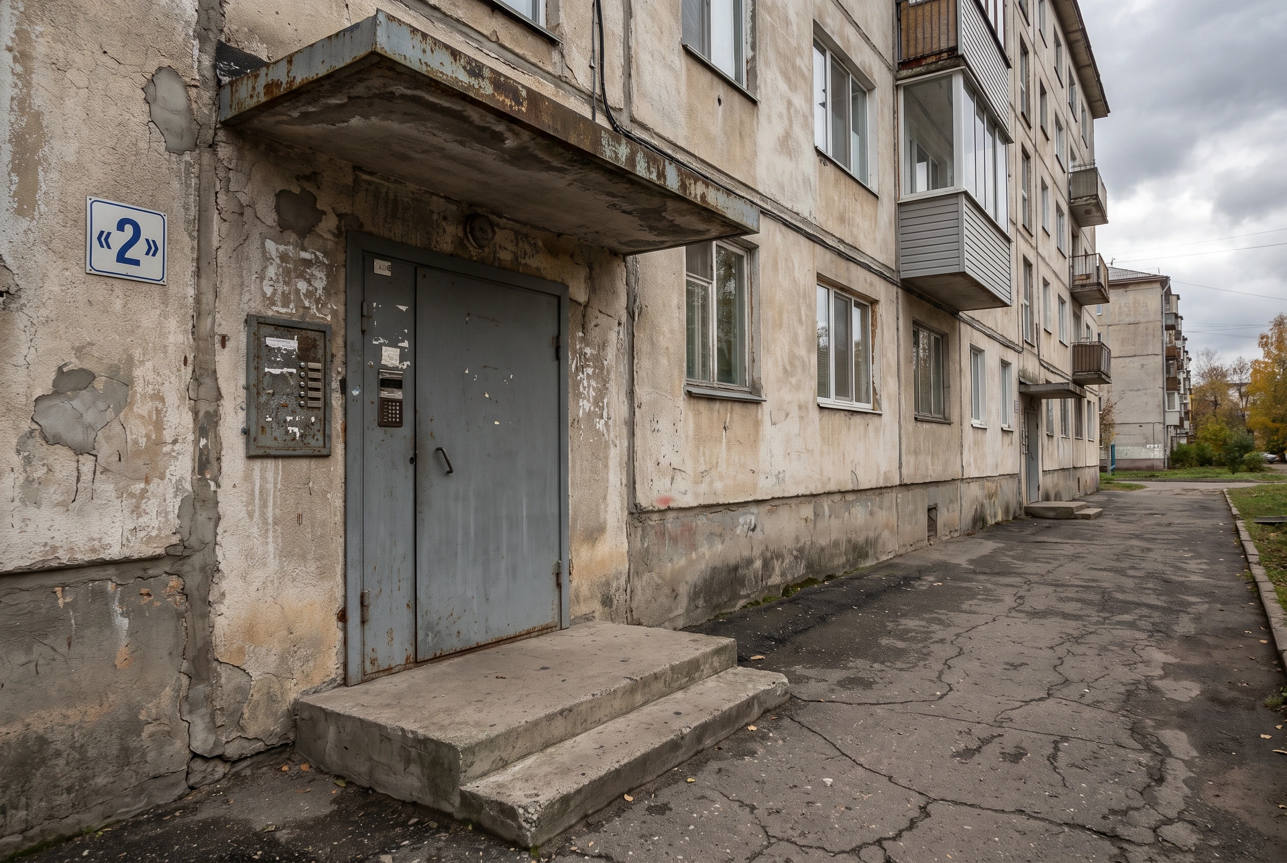 Входная зона подъезда МКД до ремонта — старые двери, облупленная штукатурка