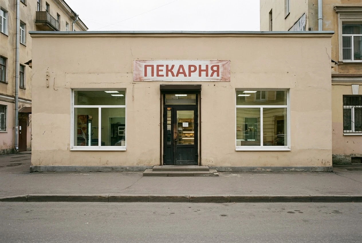 Фасад пекарни с простой печатной вывеской до переоформления