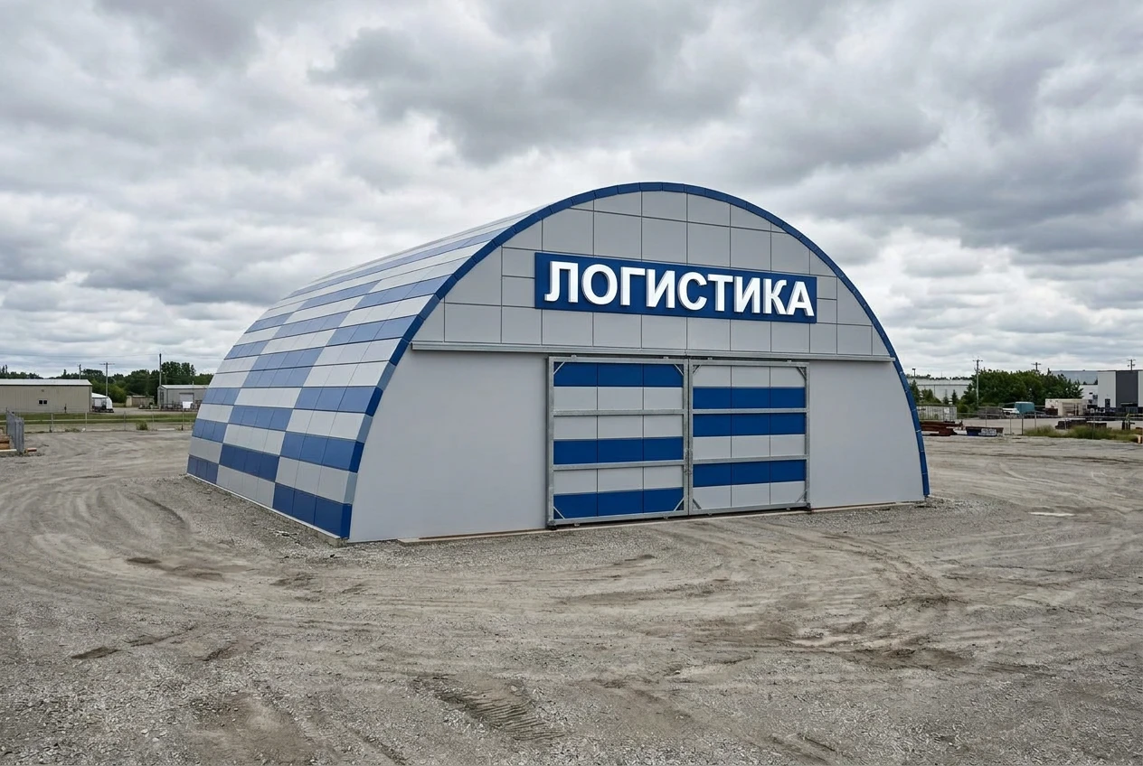 Фасад ангара после облицовки фасадными кассетами — AI-визуализация по фото