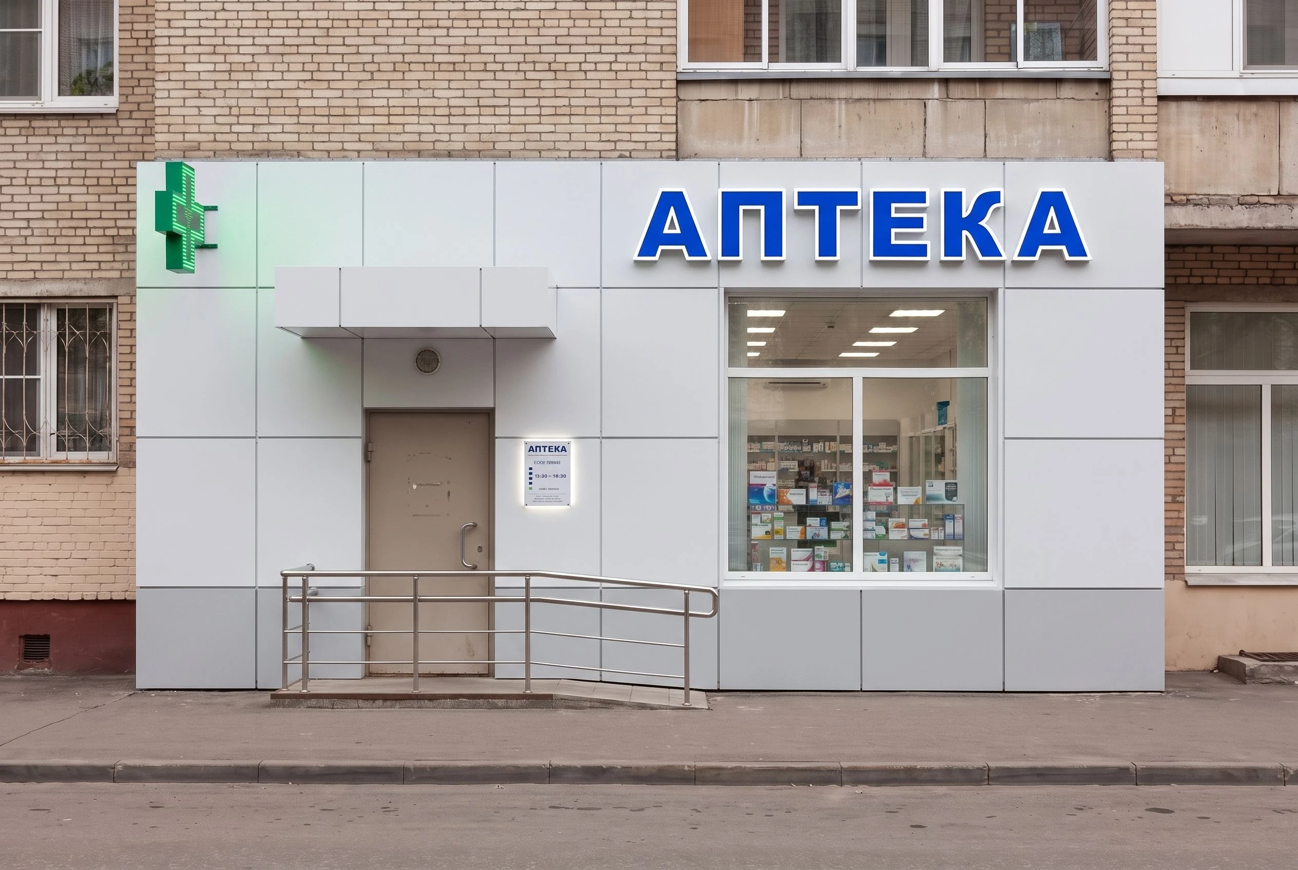 Фасад аптеки после дизайна: зелёный крест, вывеска АПТЕКА, пандус — AI-визуализация