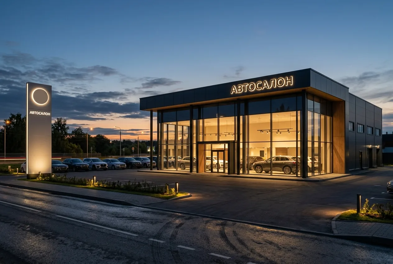 Пилон и ночная подсветка Фасад автосалона в сумерках с подсвеченным пилоном, читается с дороги — AI-визуализация