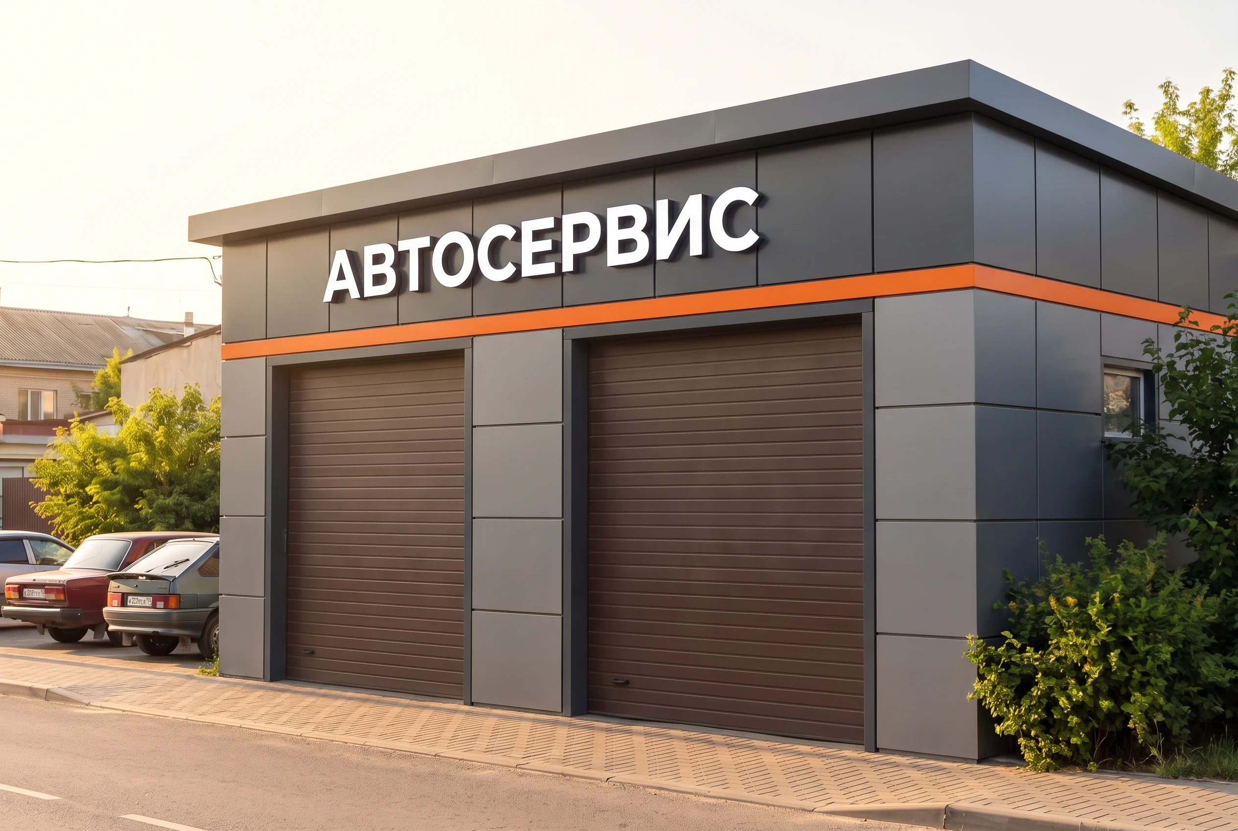 Фасад автосервиса после — металлокассеты, композит и вывеска АВТОСЕРВИС, AI-визуализация по фото