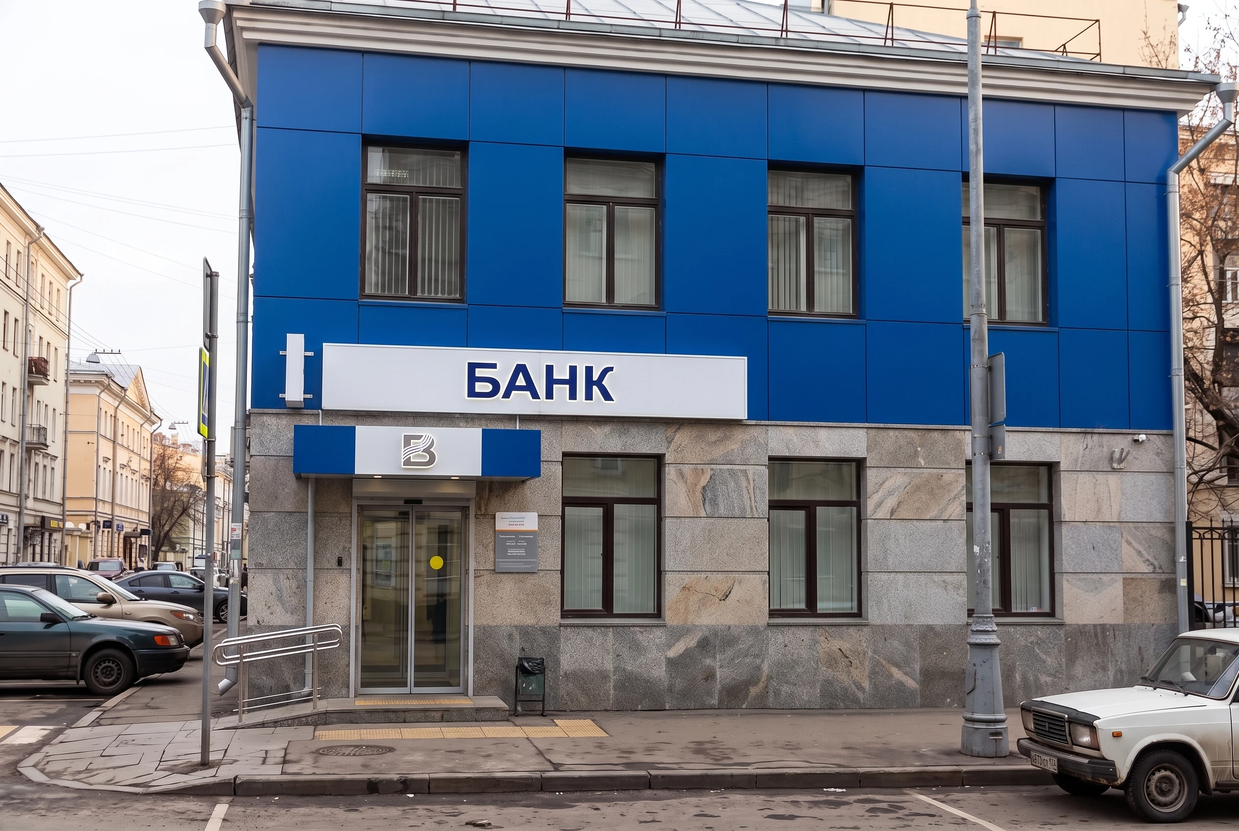 Тот же фасад банка после AI-визуализации — натуральный камень и АКП в корпоративном синем цвете, вывеска БАНК с контражурной подсветкой, логотип над входом, МГН-пандус и тактильная плитка