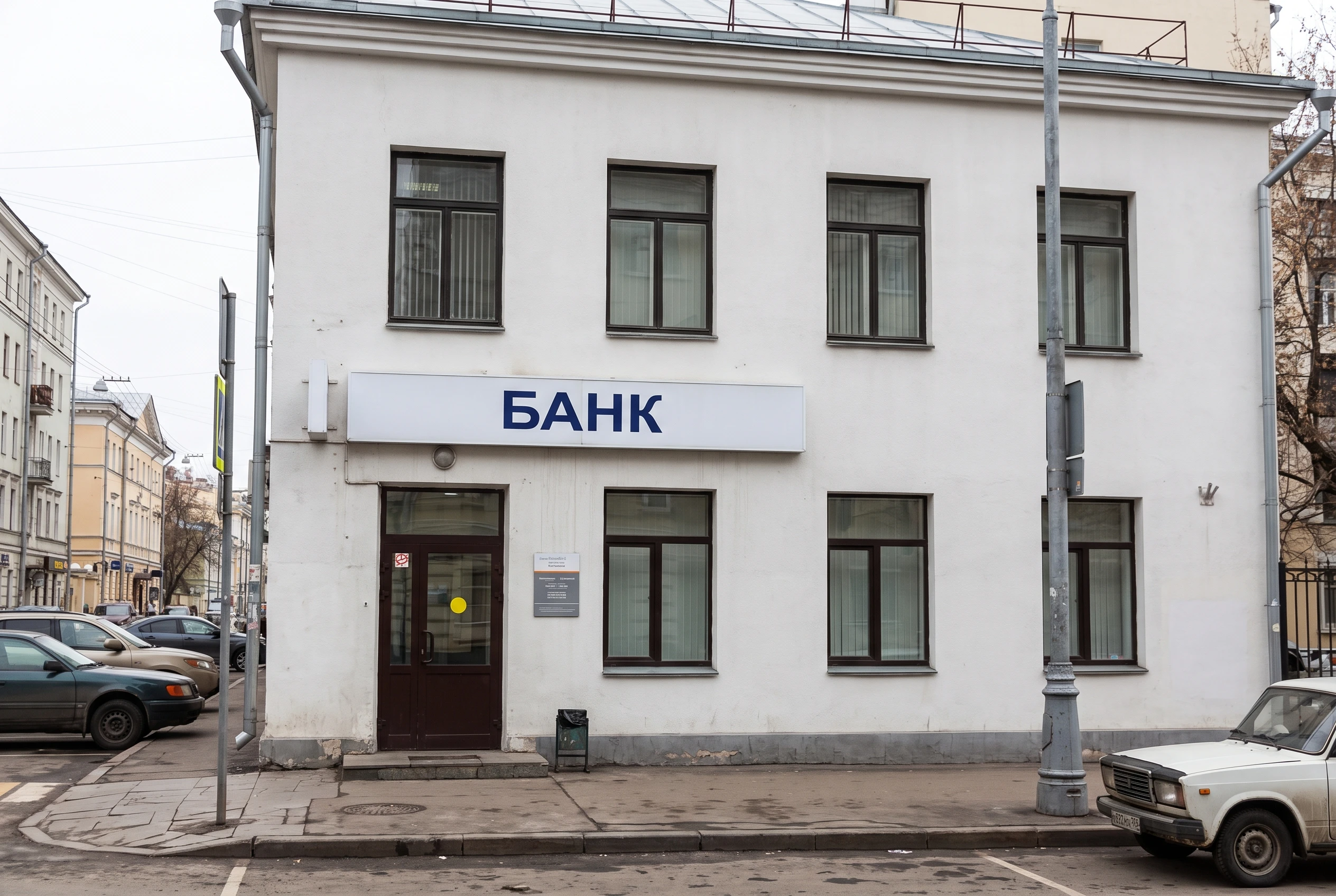 Фасад банковского отделения до обновления — простая облицовка, стандартная вывеска БАНК без подсветки, нет архитектурного оформления