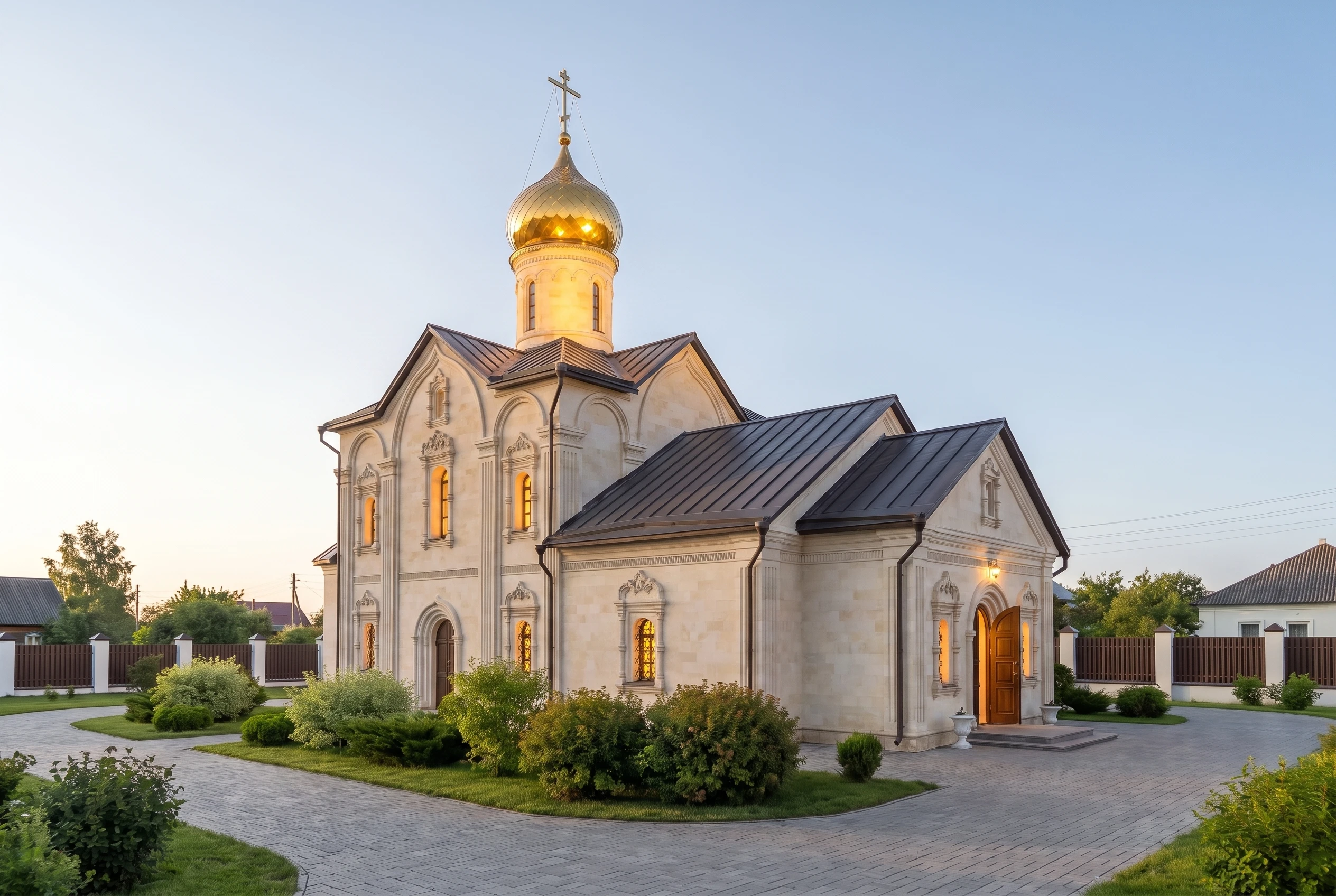 Тот же православный храм после — белокаменная облицовка, золотые купола, наличники, благолепие — AI-визуализация