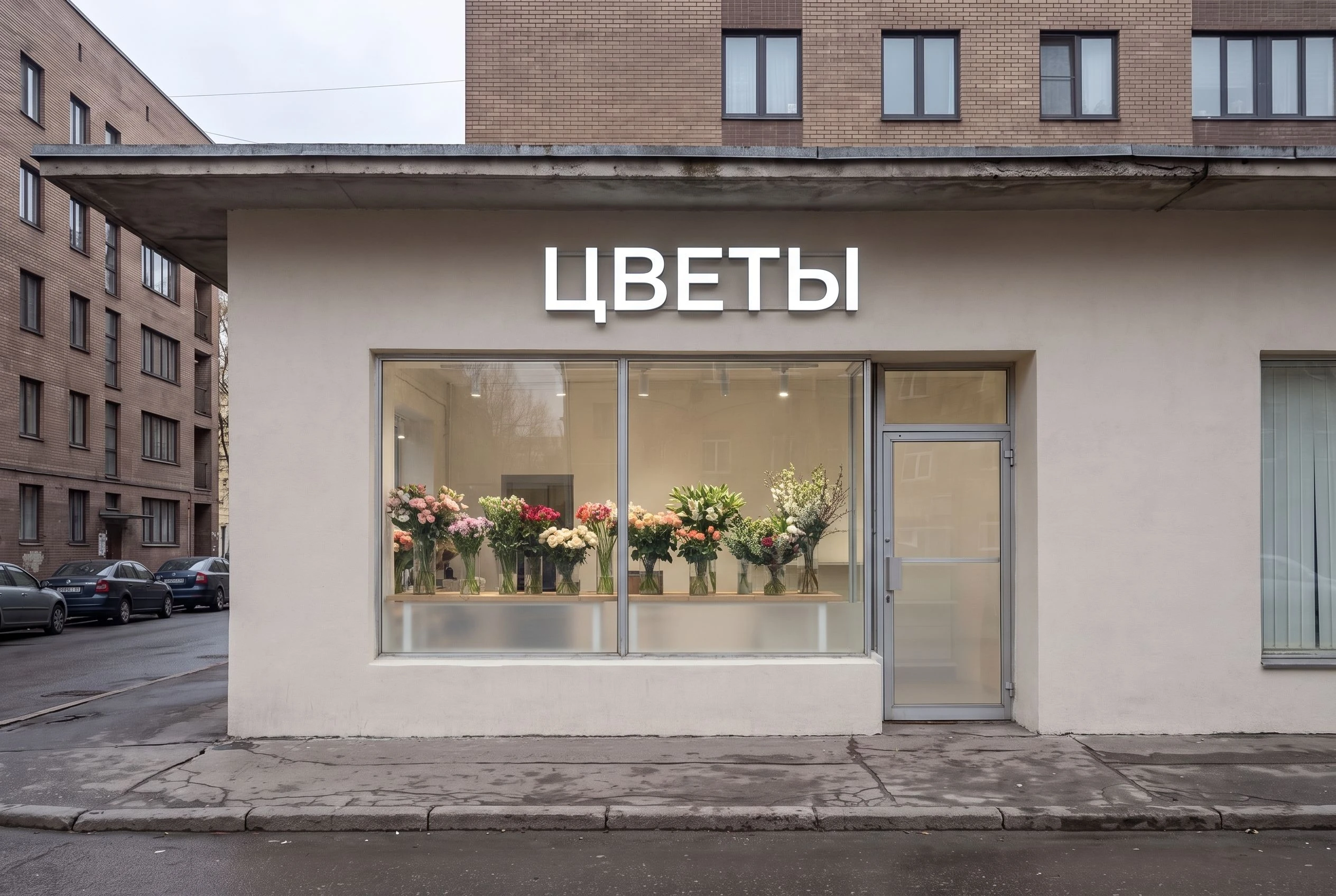 Фасад цветочного магазина после AI-визуализации — вывеска, УФ-плёнка на стекле, витрина с цветами