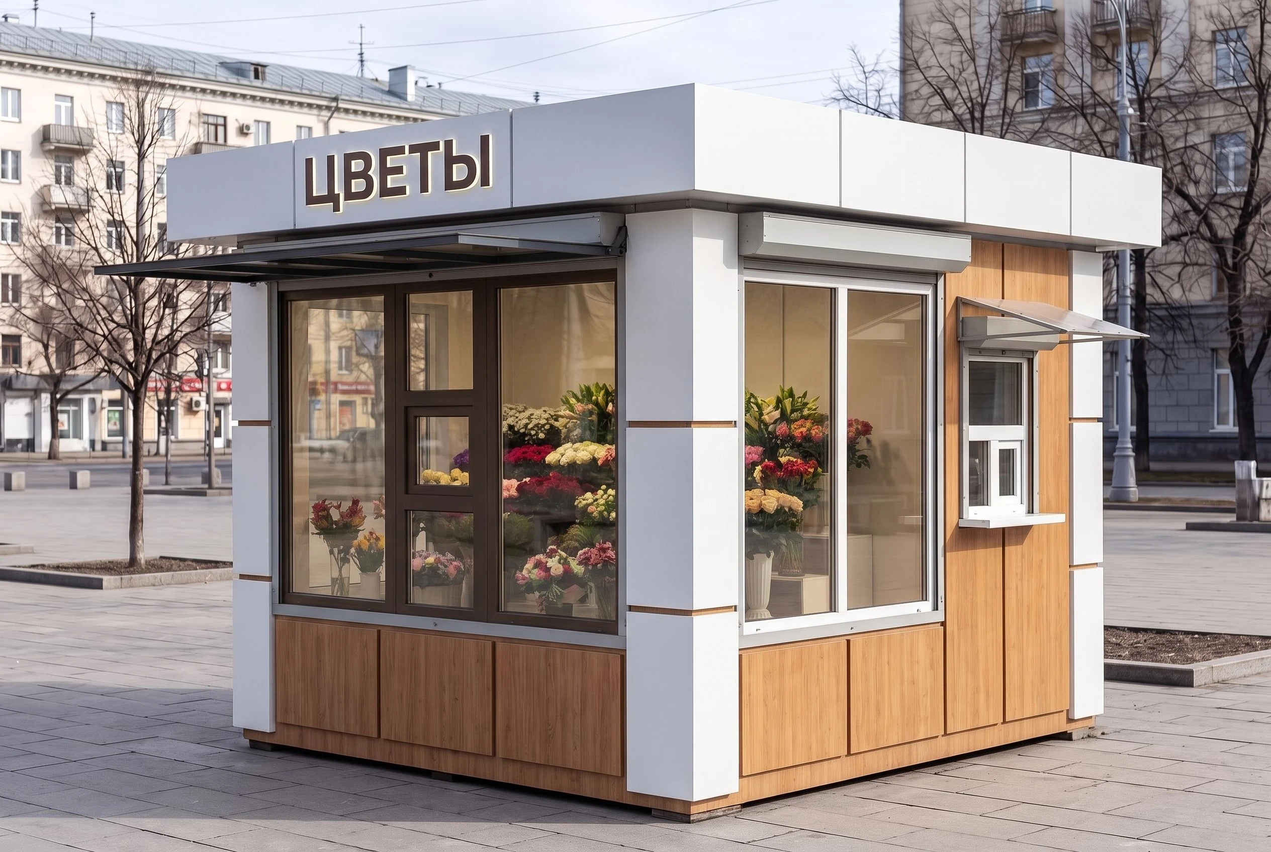 Фасад цветочного павильона — AI-визуализация: тёплая отделка, тонированное остекление, подсвеченная вывеска ЦВЕТЫ