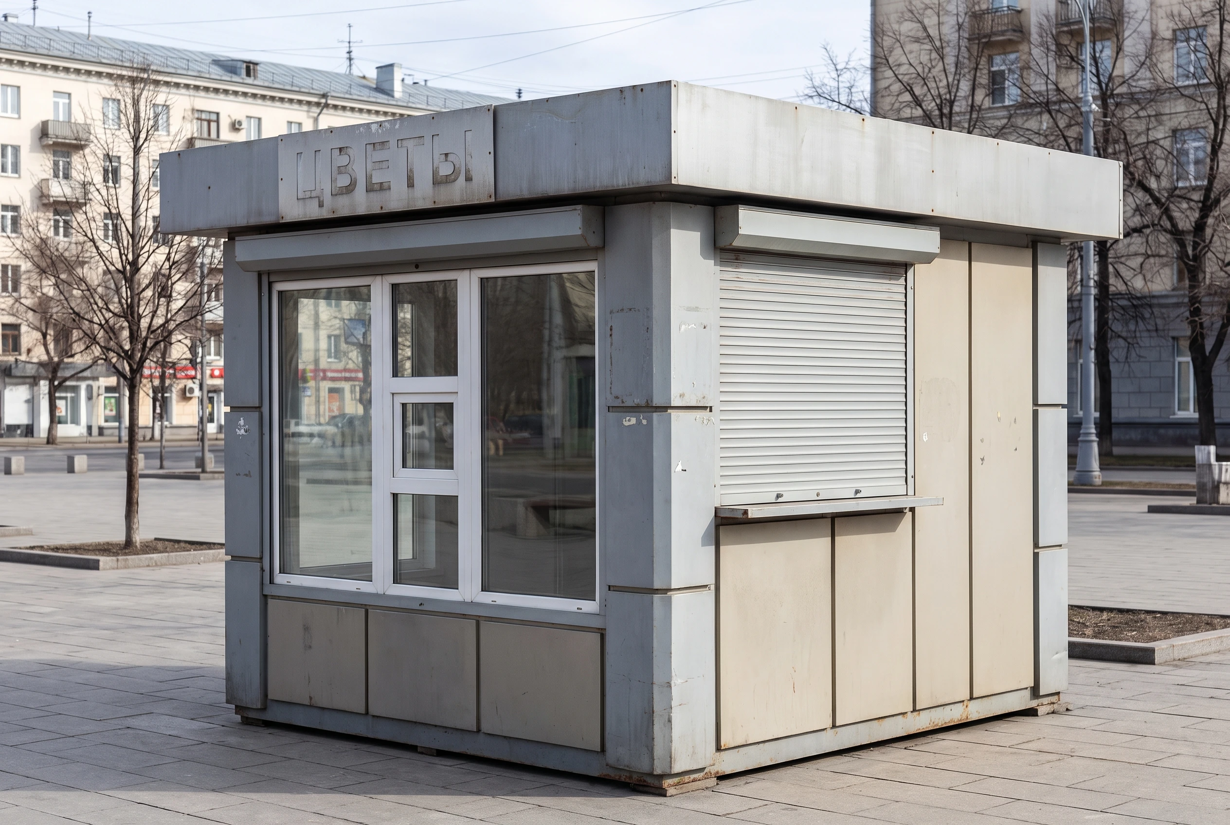 Цветочный павильон до оформления — устаревшая облицовка и вывеска без подсветки