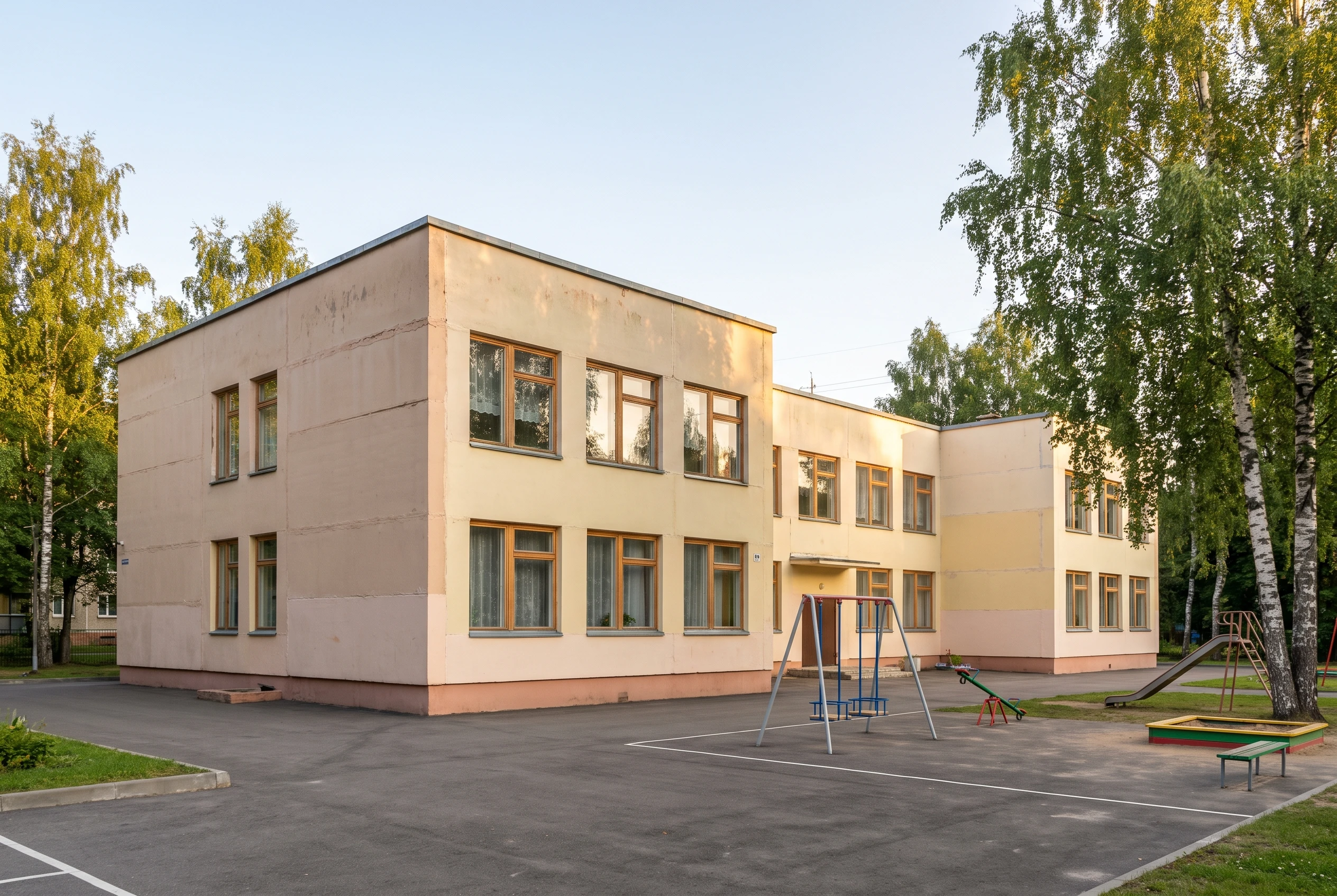Детский сад до оформления — типовое опрятное здание, скромный фасад без тематического декора