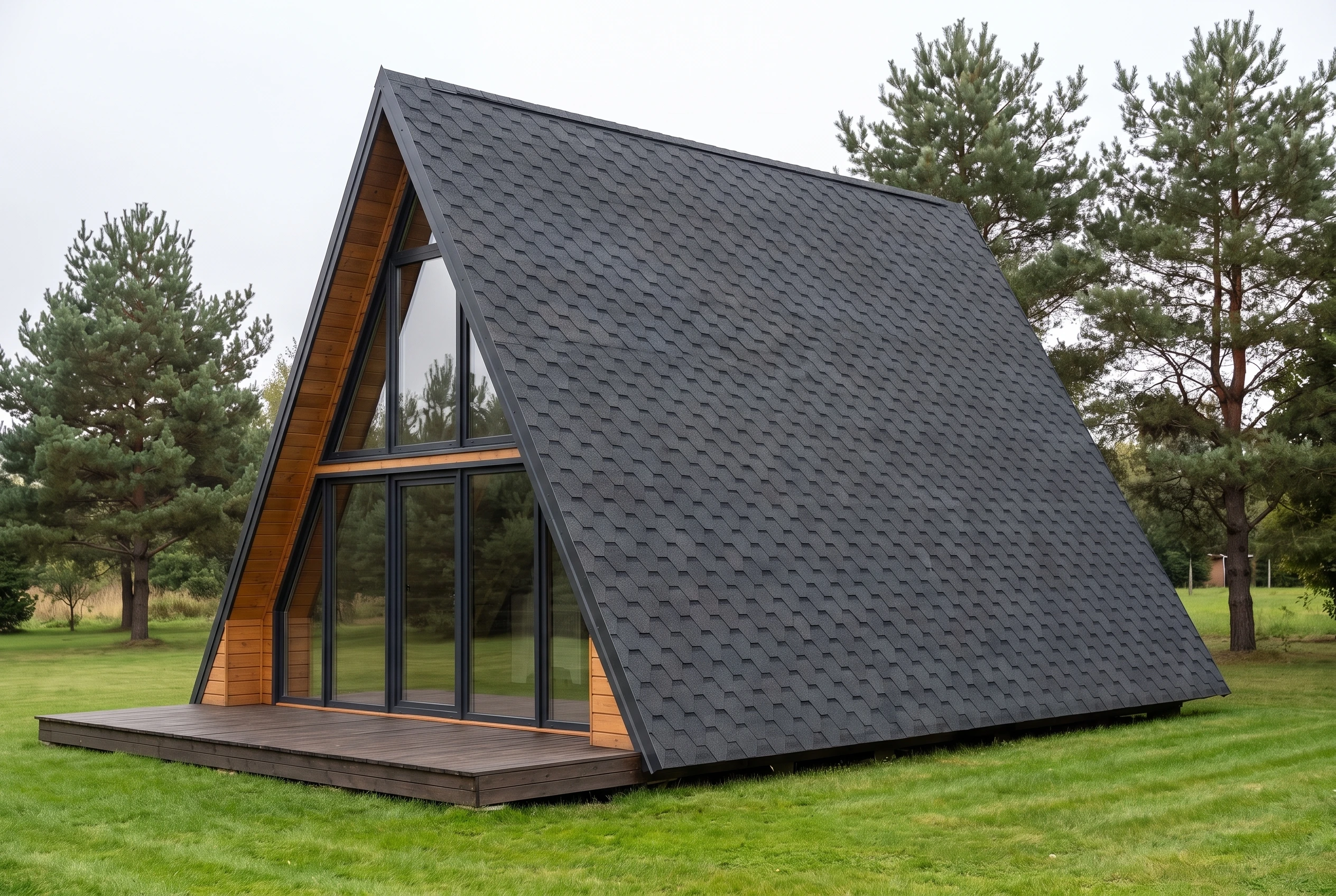 Фасад дома A-frame после AI-редизайна — тёмная гибкая черепица на скатах, панорамный остеклённый фронтон, деревянная терраса