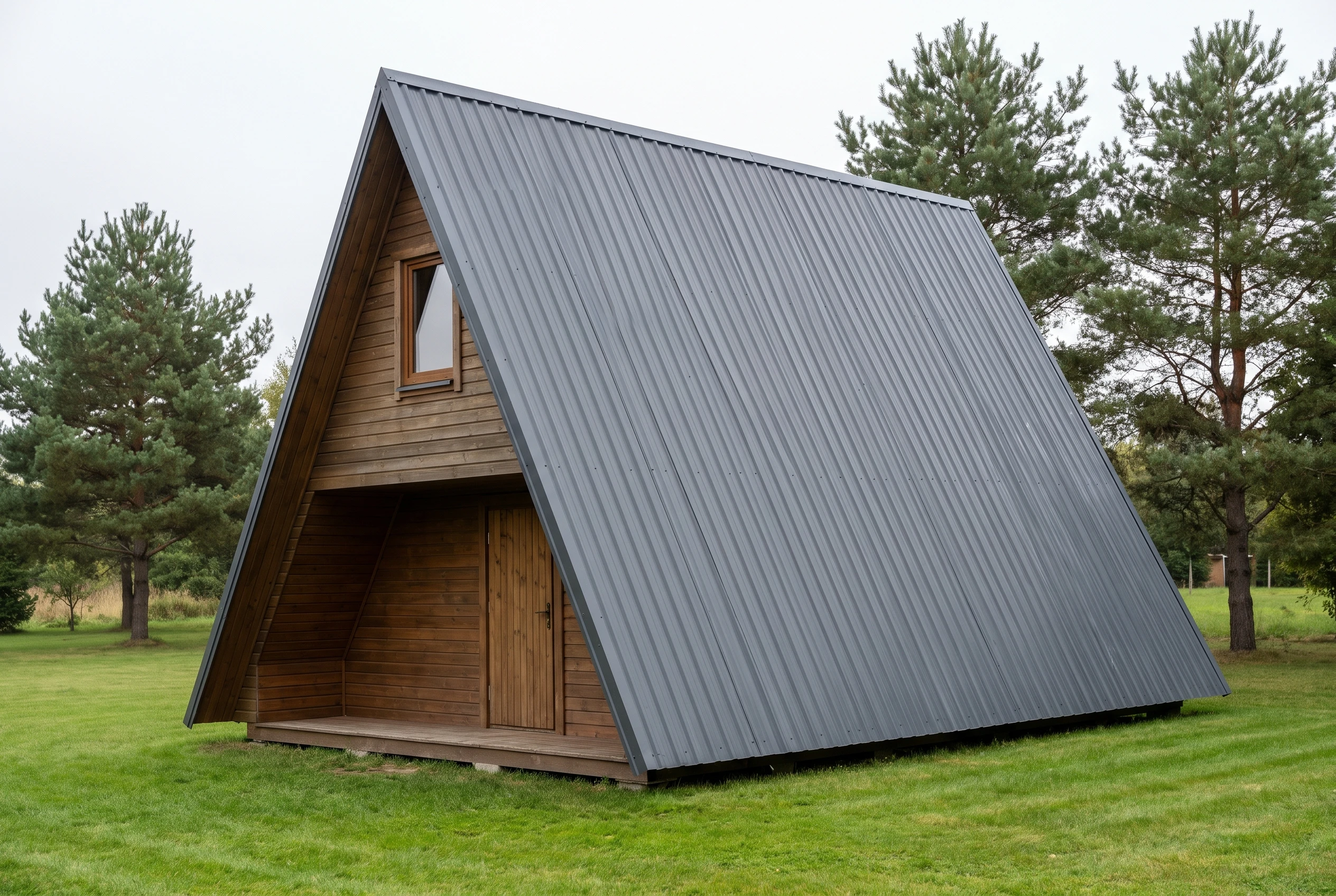 Дом A-frame до AI-редизайна — простая серая кровля скатов, маленькое окно во фронтоне