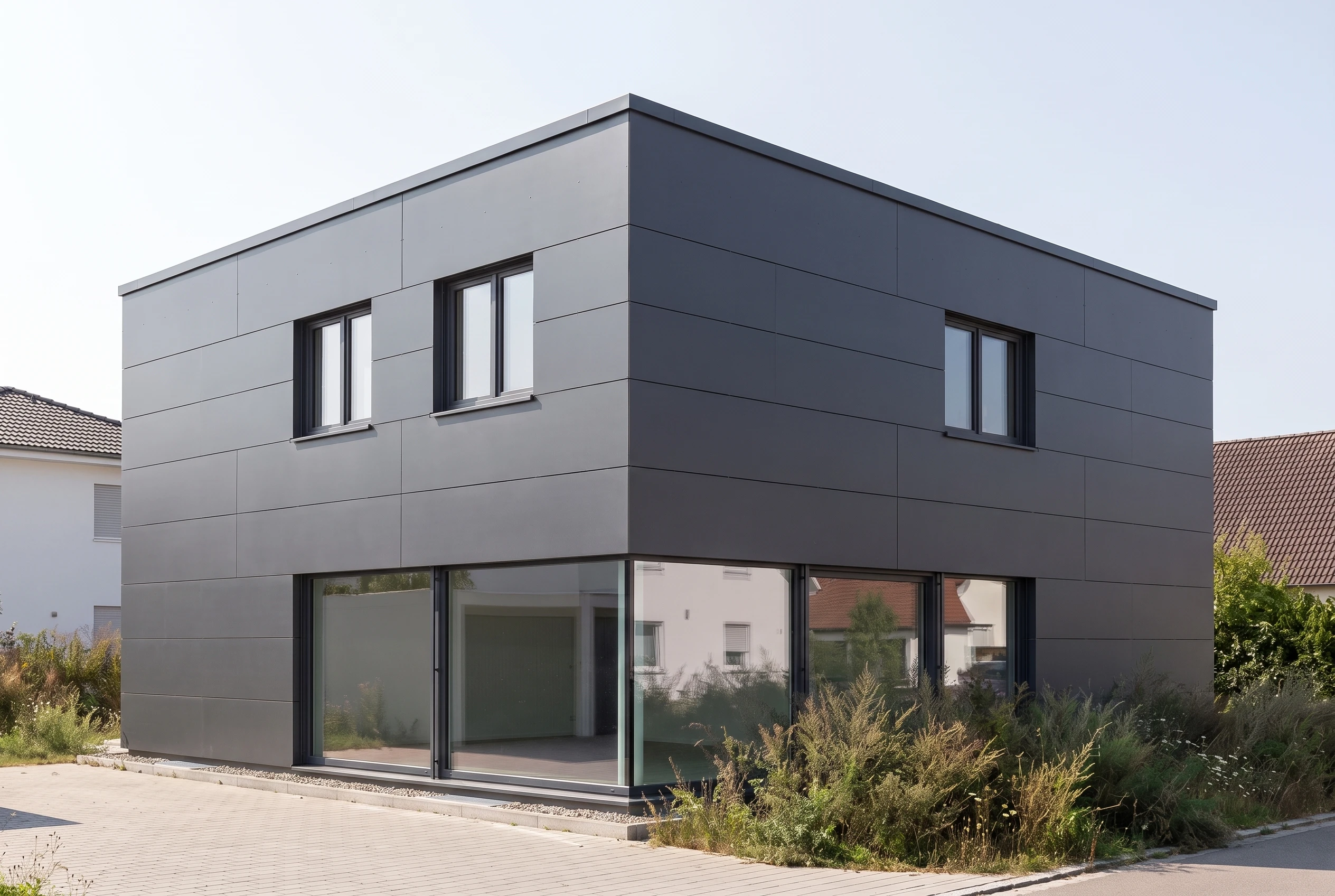 Фасад дома с плоской крышей в стиле хай-тек, HPL-панели антрацит — AI Facade