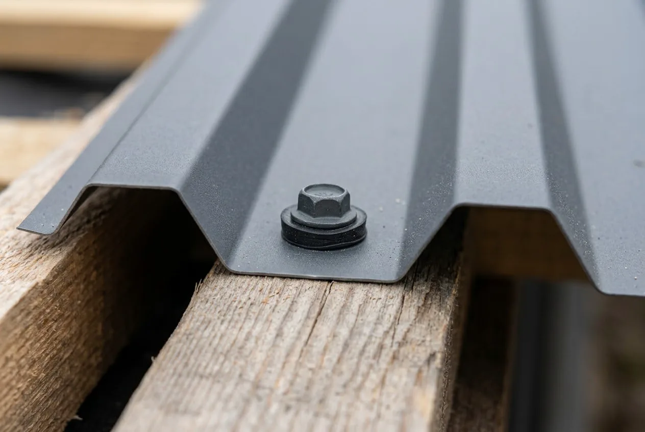 Саморез с EPDM-шайбой в нижнюю волну Саморез с EPDM-шайбой в нижнюю волну — отделка гаража профнастилом крупным планом