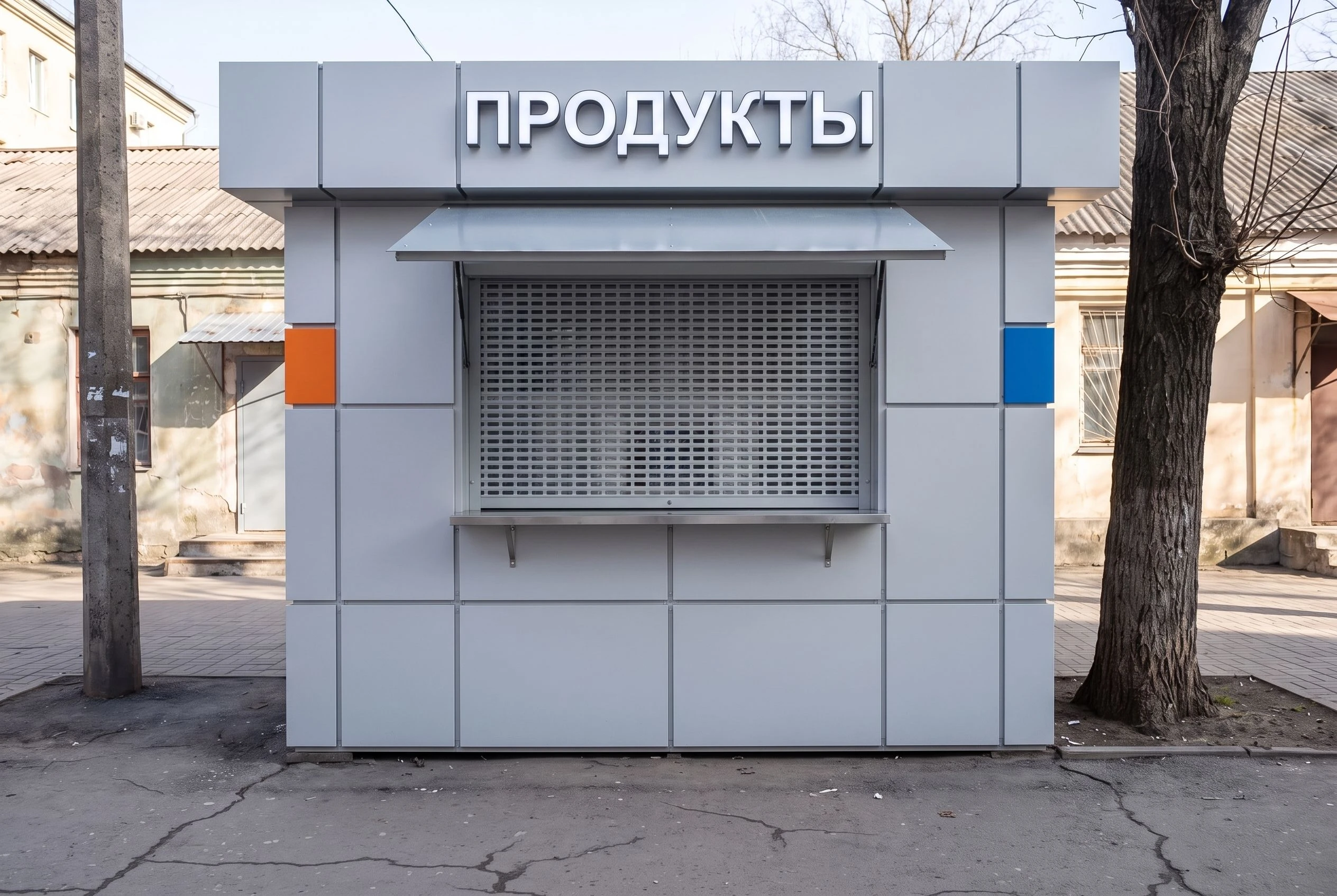 Фасад торгового киоска — AI-визуализация: композитные панели, антивандальная роль-ставня, подсвеченная вывеска