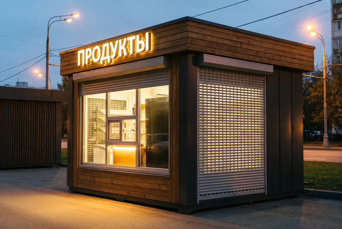 Подсветка и роль-ставня на фасаде киоска вечером Торговый киоск вечером — подсветка вывески и закрытая роль-ставня, AI-визуализация фасада