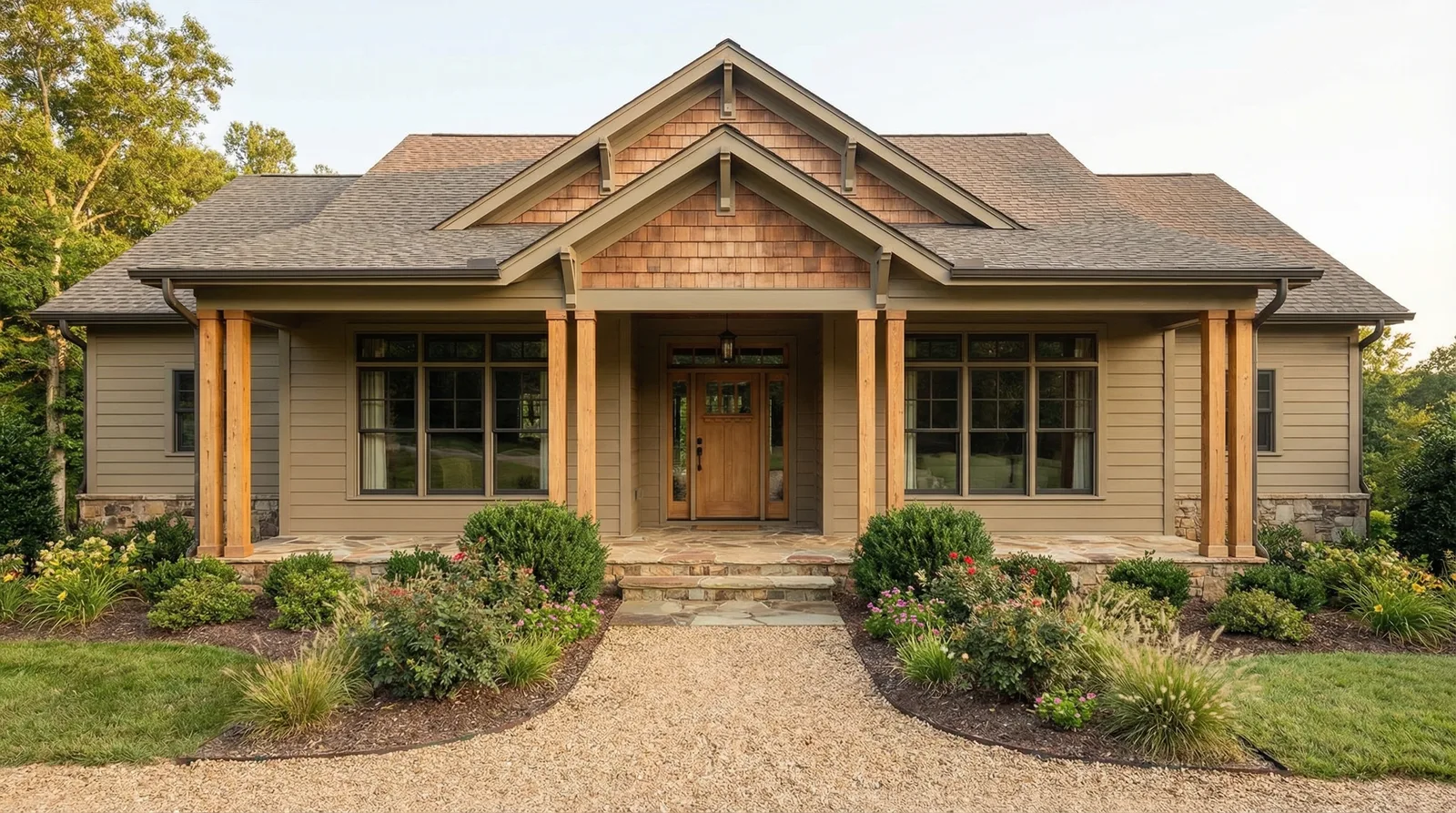 Детали фасада одноэтажного дома — входная группа, окна, крыша