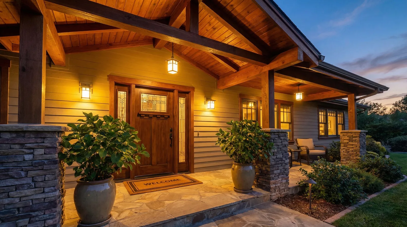 Одноэтажный дом с террасой и навесом — фото фасада