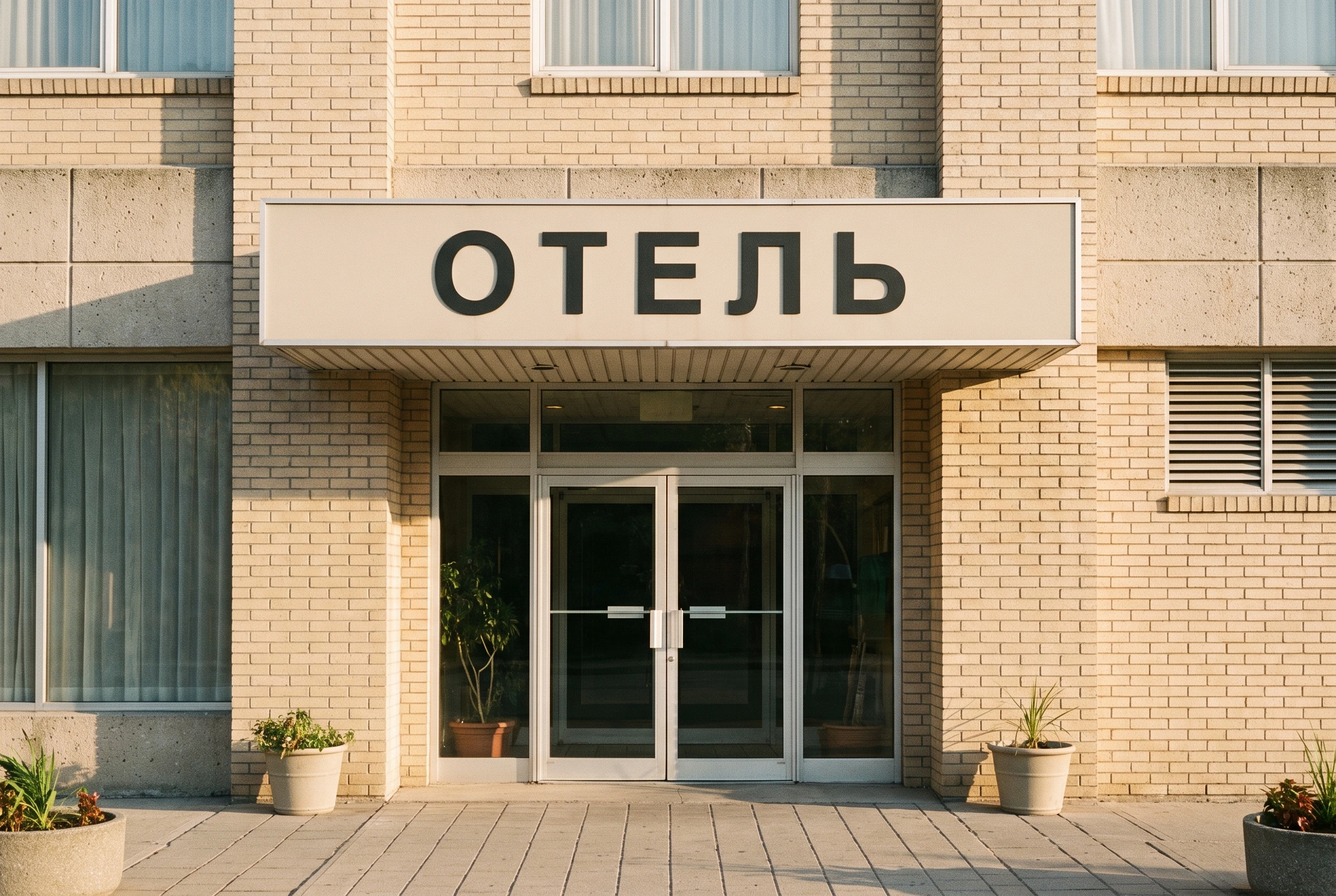 Фасад отеля до реновации — обычное здание, простая вывеска без подсветки, нет архитектурного оформления