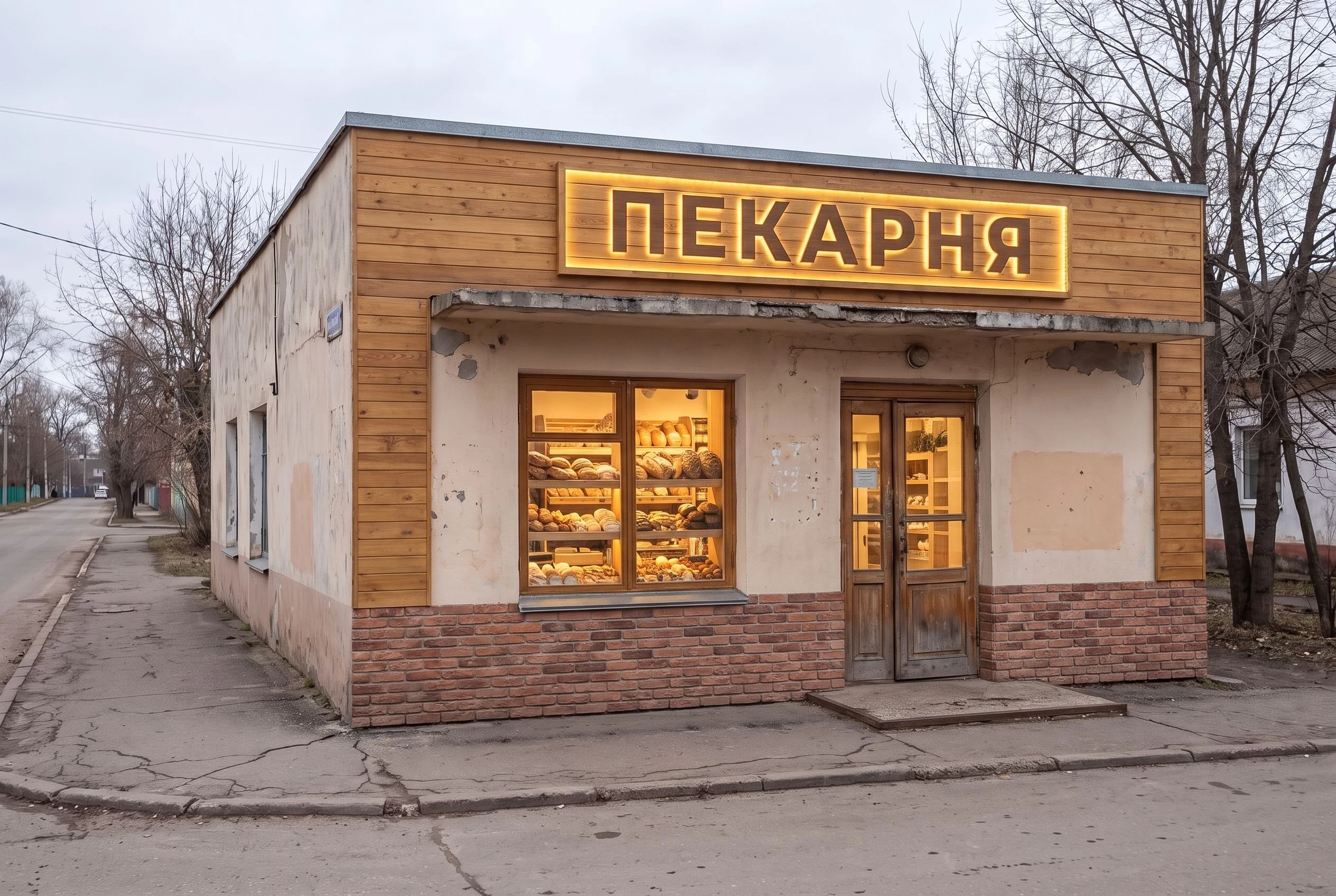 Фасад пекарни — AI-визуализация: дерево, кирпич, тёплая витрина с выпечкой