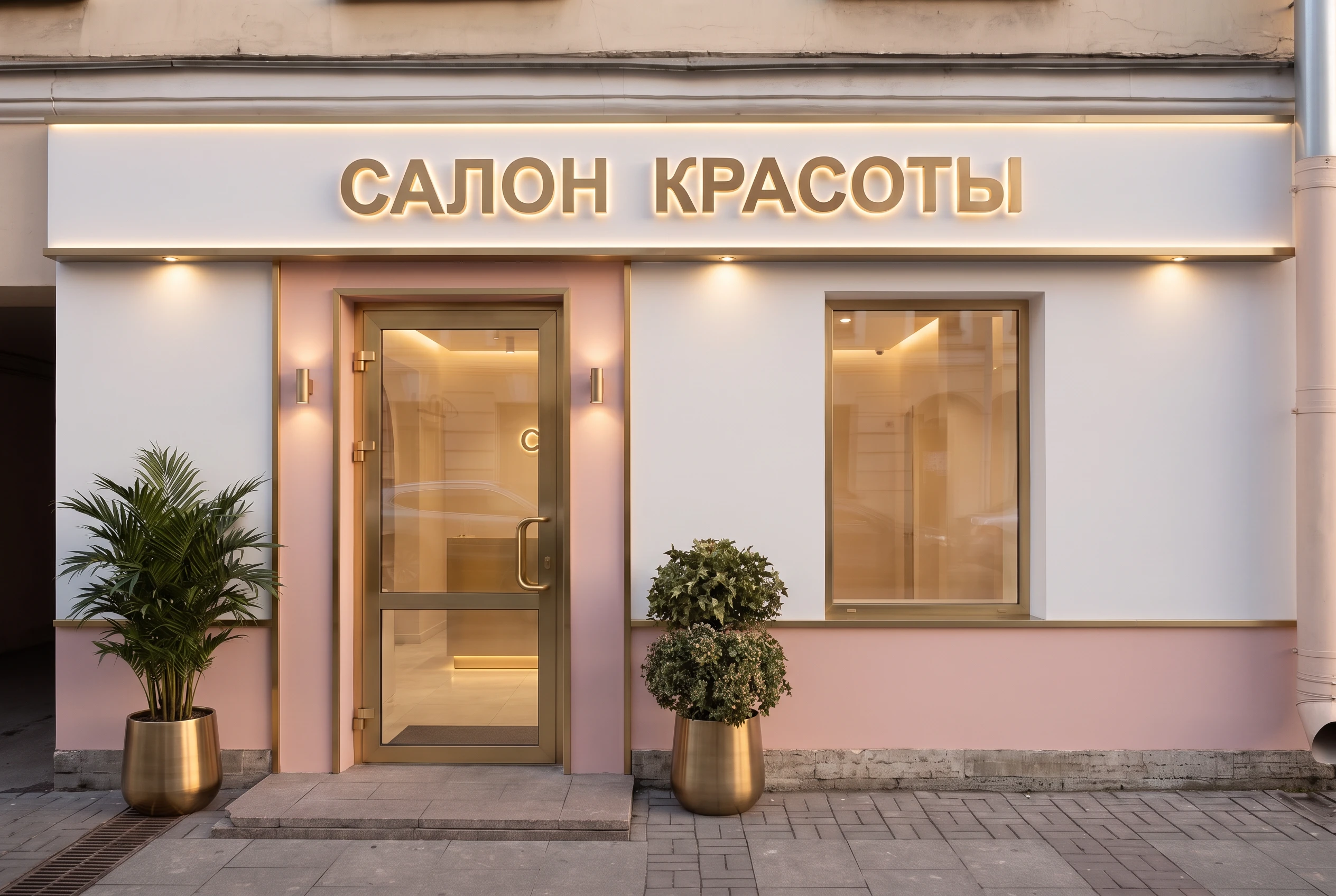 Фасад салона красоты после — AI-визуализация с новой вывеской, витриной и подсветкой