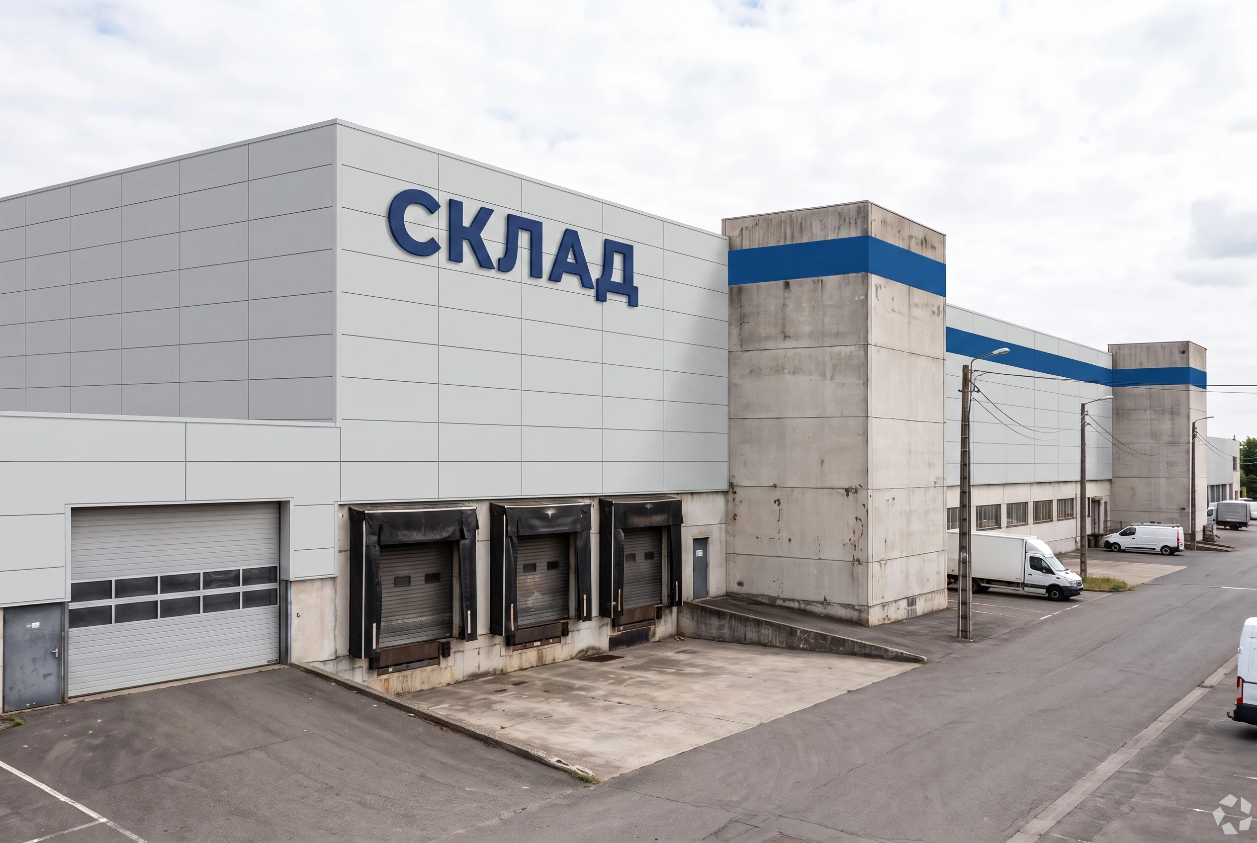 Тот же склад с металлокассетами светло-серого RAL 7035, синим акцентом офисного блока и вывеской СКЛАД — AI-визуализация за 30 секунд