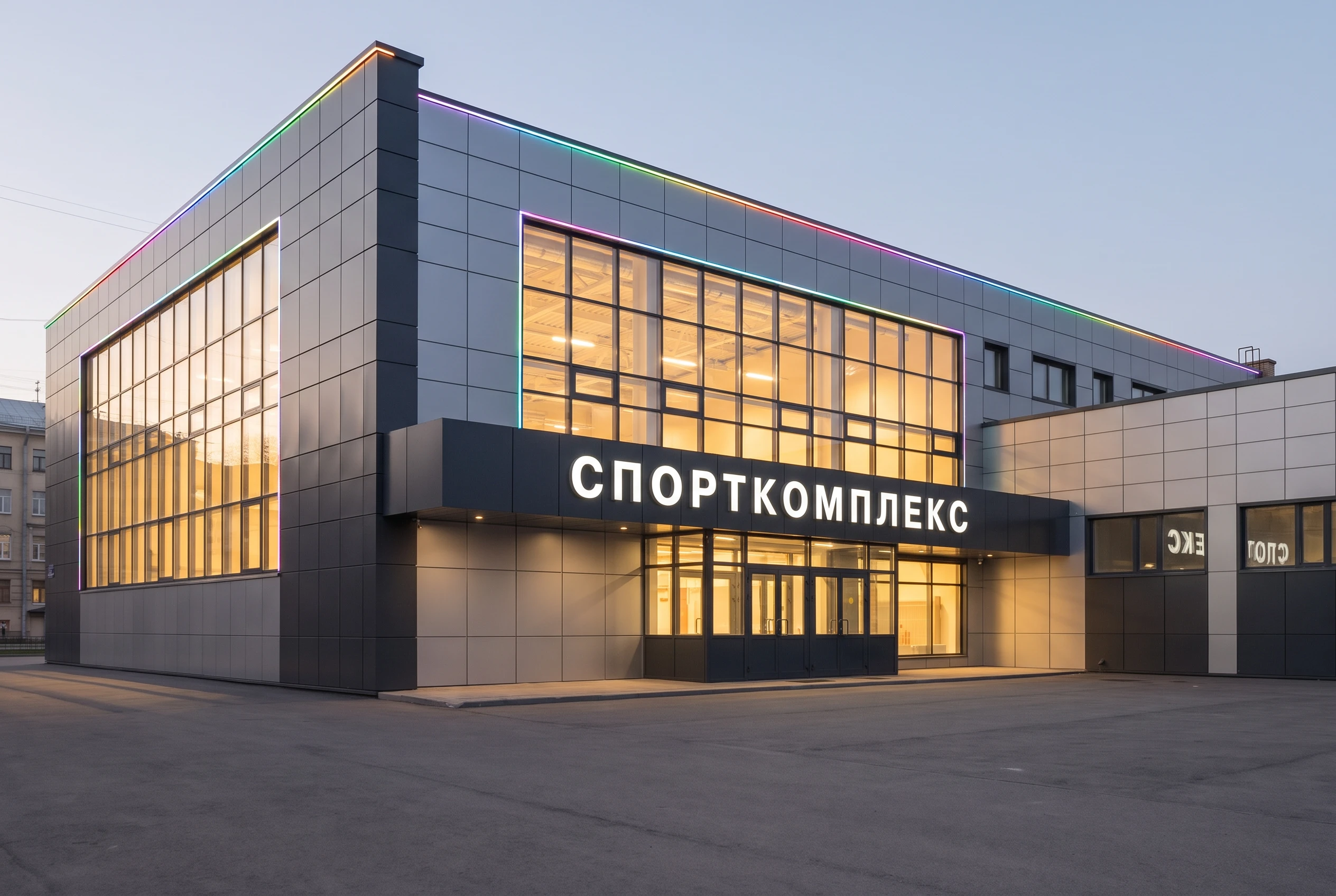 Тот же спортивный комплекс после AI-визуализации — вентфасад из металлокассет, витражное остекление зала, брендинг СПОРТКОМПЛЕКС, вечерняя подсветка
