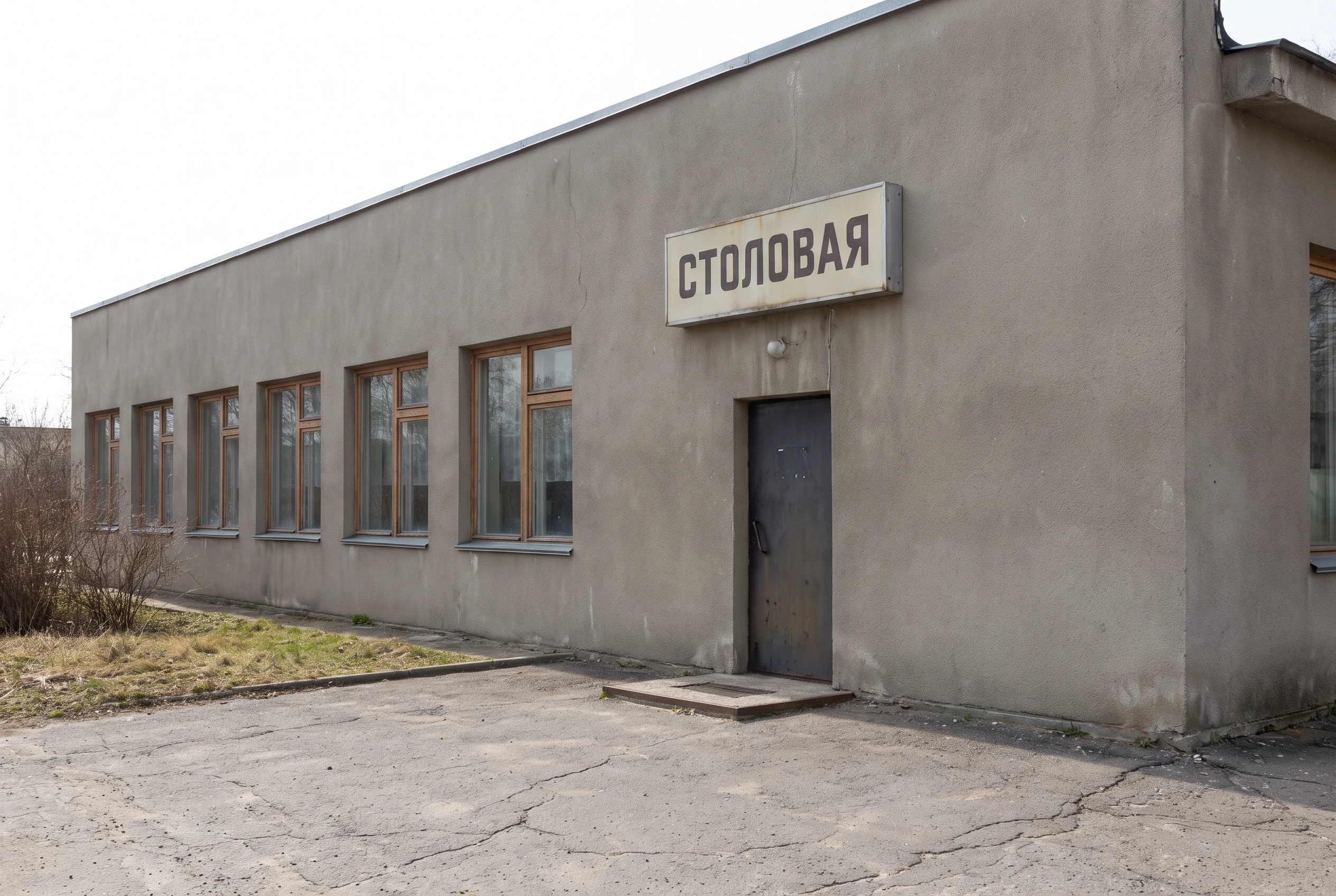 Здание столовой до обновления — устаревшая отделка, простая вывеска