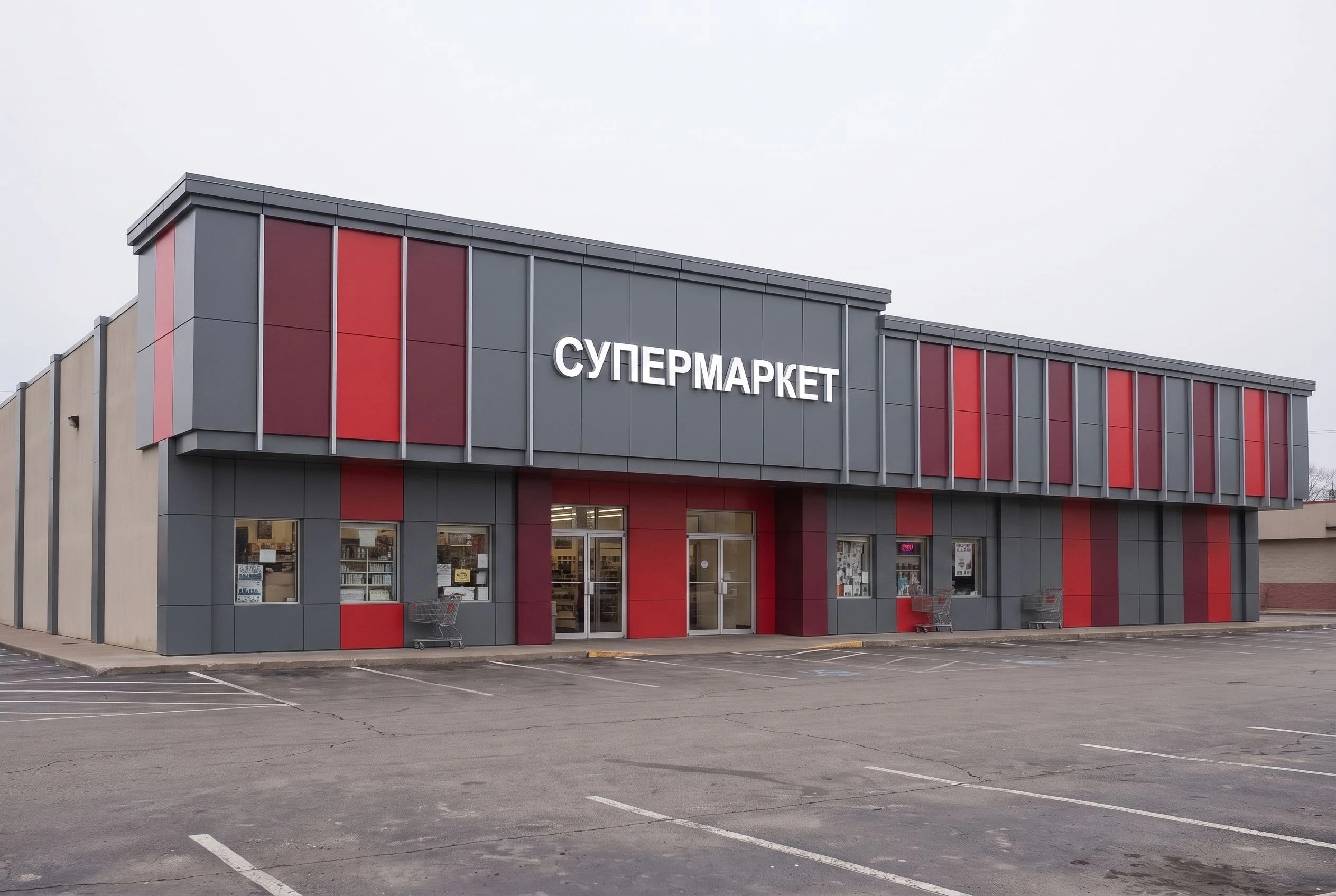 Тот же супермаркет после AI-рендера — цветоблочные композитные панели, вертикальная ритмизация ламелями, вывеска СУПЕРМАРКЕТ с подсветкой