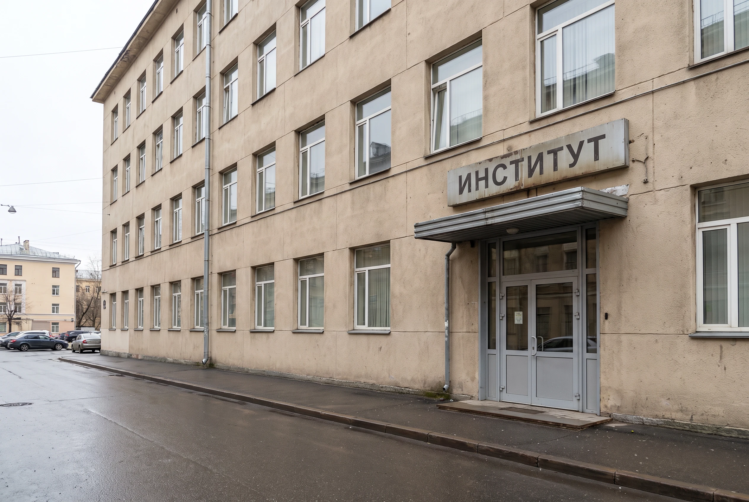 Учебный корпус вуза до реконструкции — устаревший фасад, простая вывеска