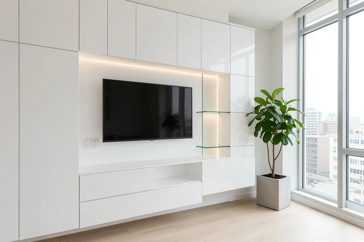 Хай-тек: техника и хранение спрятаны в глянцевую стену Стена хранения в стиле хай-тек: белые глянцевые фасады без ручек, встроенный телевизор, ниша с подсветкой и стеклянными полками