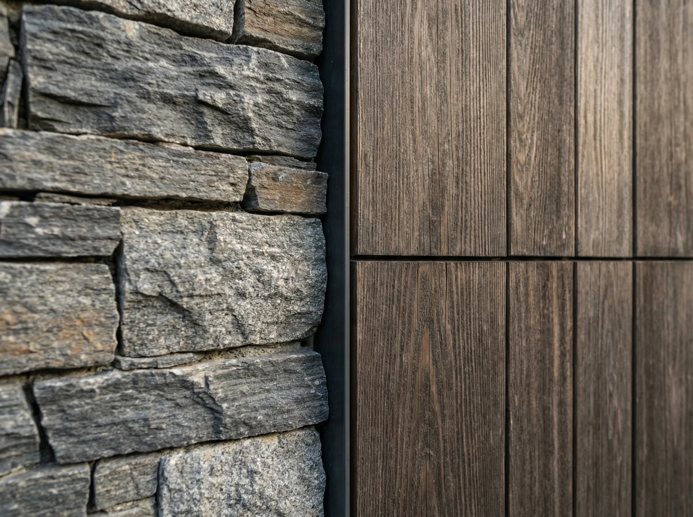 Место стыка камня и деревянных панелей на фасаде