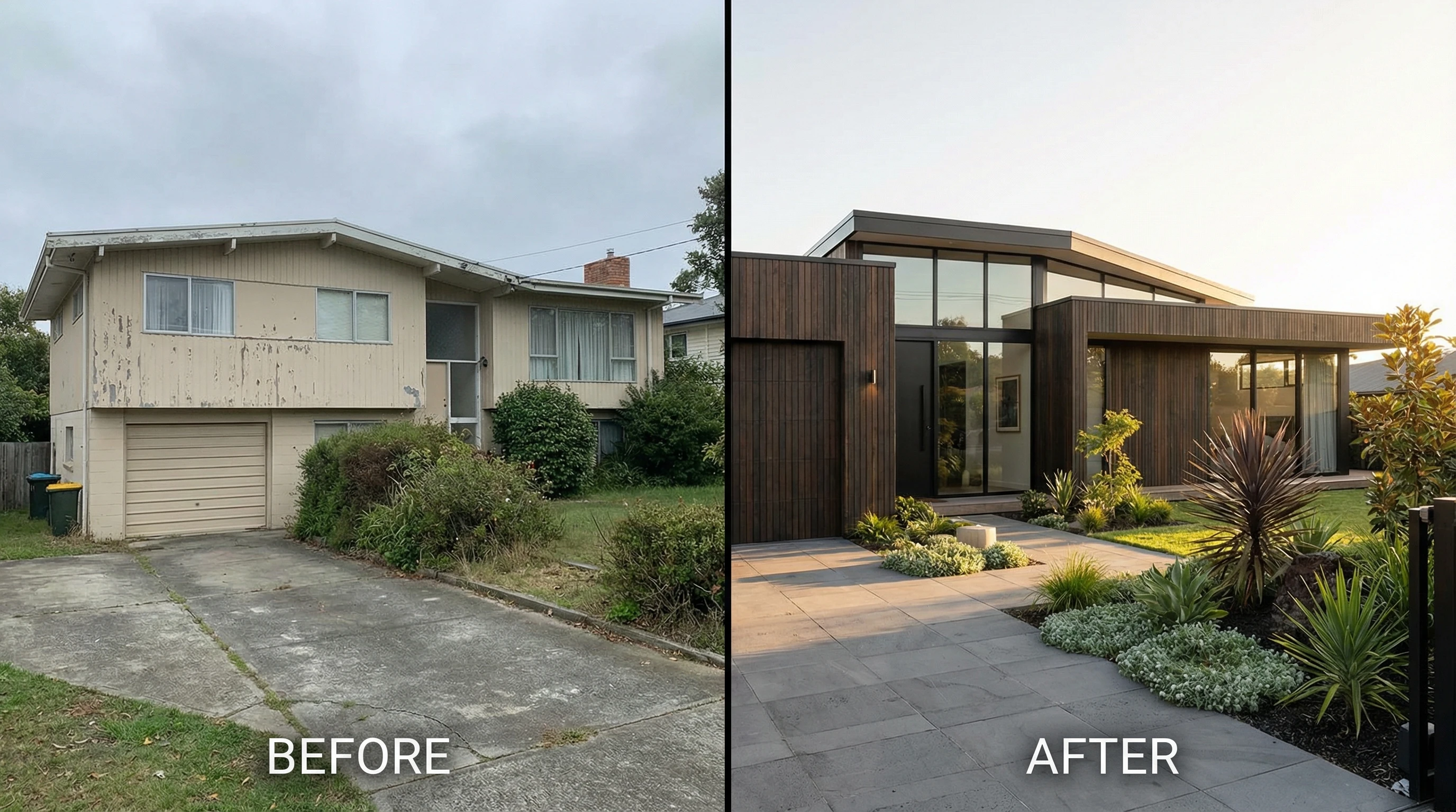 Сравнение вариантов фасада до и после проекта