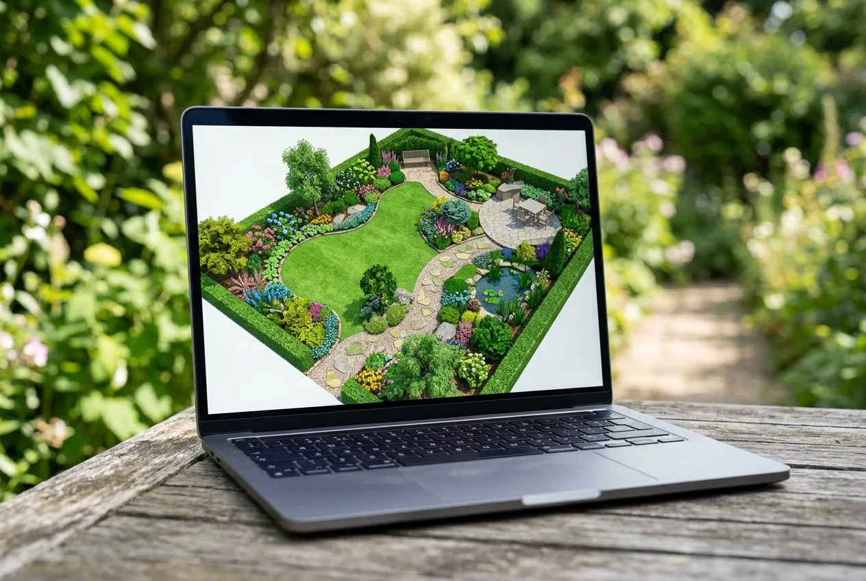 3D-визуализация сада на экране — результат работы в универсальном 3D-редакторе 3D-визуализация сада на экране — результат работы в универсальном 3D-редакторе — программа для ландшафтного дизайна, сравнение результата