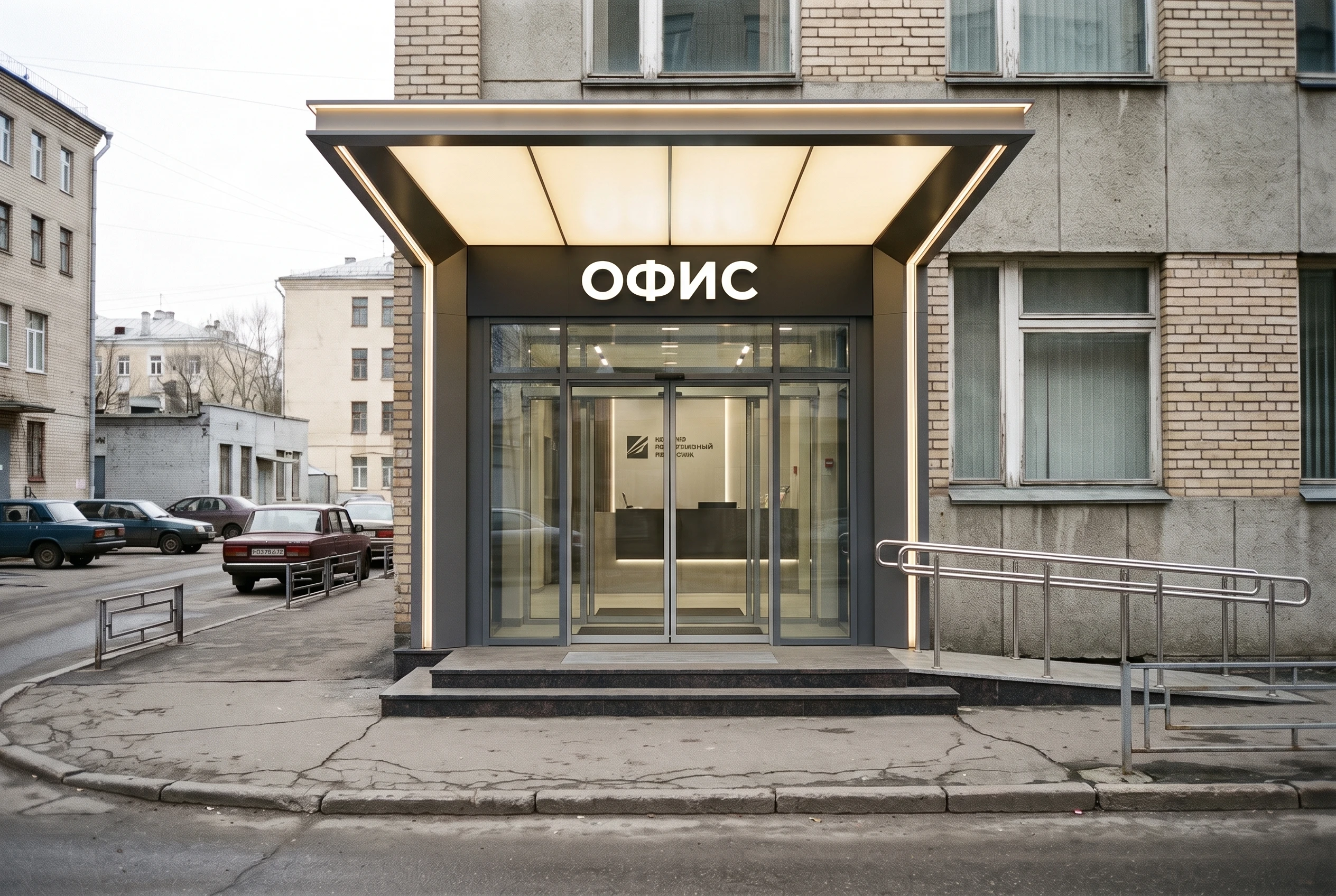 Тот же офис с новым представительным входным порталом — стоечно-ригельное остекление, козырёк, автодвери, корпоративная вывеска
